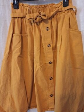 Mustard Button-Front Paperbag Waist Skirt